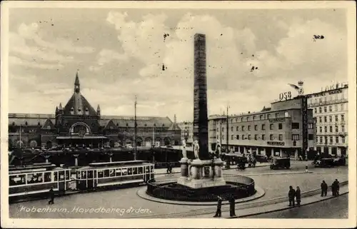 Ak Kjøbenhavn København Kopenhagen Dänemark, Hovedbanegarden, Straßenbahn