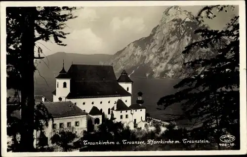 Ak Traunkirchen am Traunsee Oberösterreich, Pfarrkirche mit Traunstein
