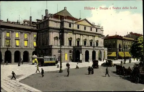 Ak Milano Mailand Lombardia, Piazza e Teatro della Scala, Straßenbahn