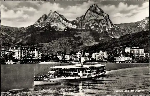 Ak Brunnen Kt Schwyz, Panorama mit Mythen, Dampfer