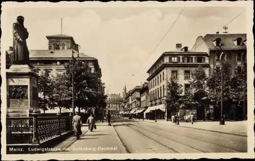 Ak Mainz am Rhein, Ludwigstrasse mit Gutenberg-Denkmal