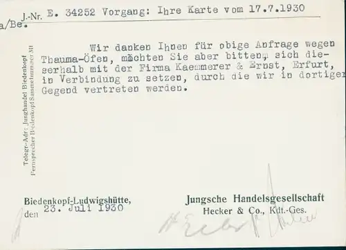 Ak Ludwigshütte Biedenkopf an der Lahn, Jungsche Handelsgesellschaft, Hecker & Co, Kdt. Ges., Wotan