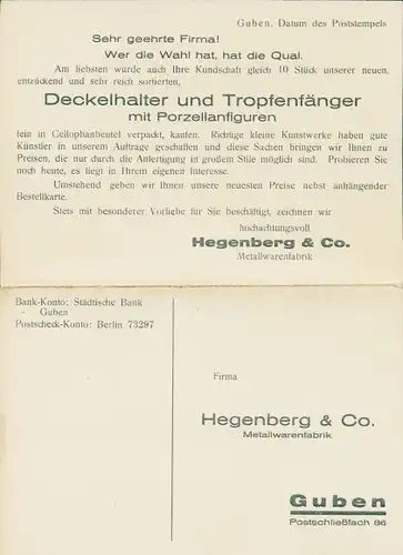 Klapp Ak Guben in der Niederlausitz, Metallwarenfabrik Hegenberg & Co, Deckelhalter, Tropfenfänger