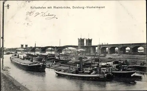 Ak Wanheimerort Wanheim Duisburg im Ruhrgebiet, Kultushafen mit Rheinbrücke, Lastkähne