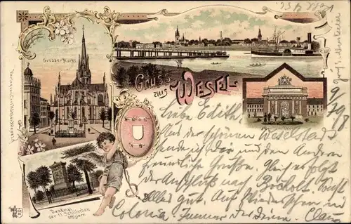 Litho Wesel am Niederrhein, Großer Markt, Denkmal der Schillschen Offiziere, Stadtansicht