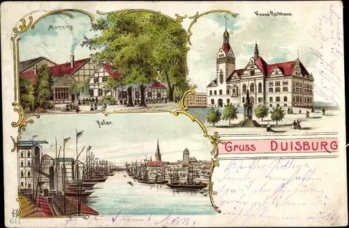 Litho Duisburg im Ruhrgebiet, Monning, Neues Rathaus, Hafen