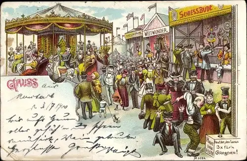 Litho Jahrmarkt, Schießbude, Karussell, Weltwunder, Hau den Lukas