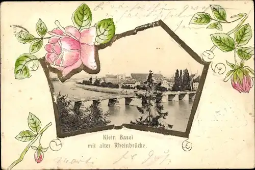 Präge Passepartout Ak Basel Bâle Stadt Schweiz, Klein Basel mit alter Rheinbrücke, Rosen
