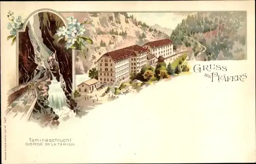 Litho Pfäfers Kanton Sankt Gallen, Taminaschlucht, Hotel und Bad