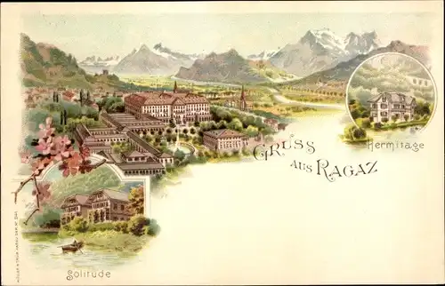 Litho Bad Ragaz Kanton St. Gallen, Hermitage, Solitude, Panorama vom Ort