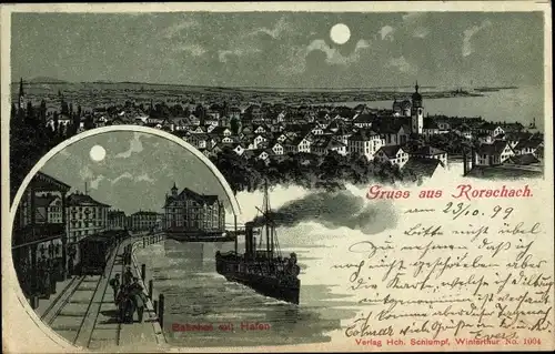Mondschein Litho Rorschach Kt. St. Gallen, Bahnhof, Hafen