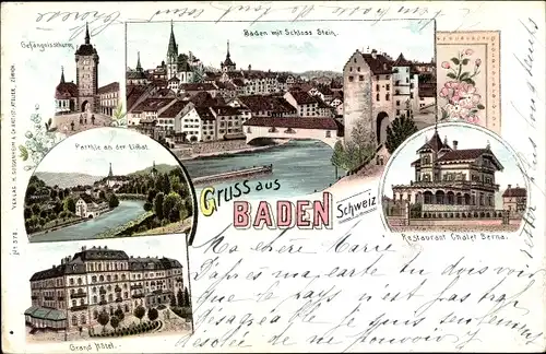Litho Baden Kanton Aargau Schweiz, Schloss Stein, Grand Hotel, Restaurant Chalet Berna
