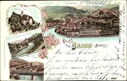 Litho Baden Kanton Aargau Schweiz, Schloss Stein, Panorama vom Ort, Brücke
