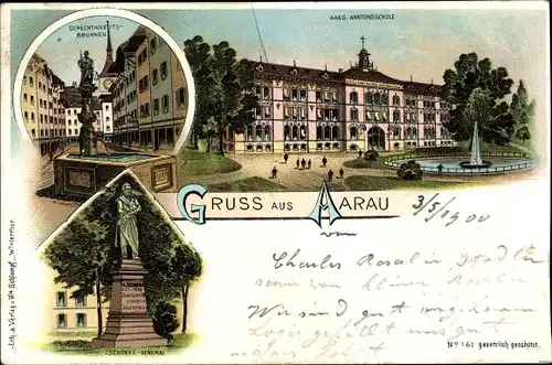 Litho Aarau Kanton Aargau, Gerechtigkeits-Brunnen, Kantosschule