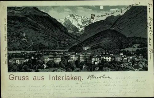 Mondschein Litho Interlaken Kanton Bern Schweiz, Blick auf den Ort, Gebirge