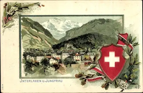 Präge Künstler Litho Interlaken Kanton Bern Schweiz, Blick auf den Ort mit Jungfrau, Wappen