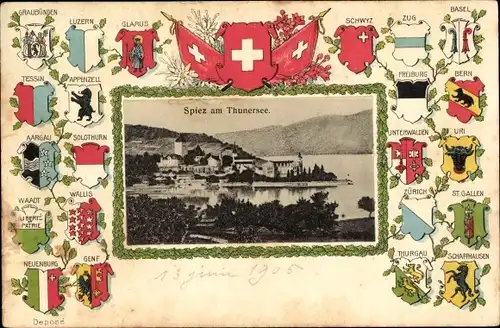 Präge Wappen Ak Spiez am Thuner See Kanton Bern, Totalansicht