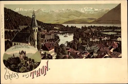Litho Thun Kanton Bern Schweiz, Panorama vom Ort, Schloss Thun