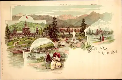 Litho Thoune Thun Kanton Bern Schweiz, Springbrunnen, Dampfer, Liebespaar