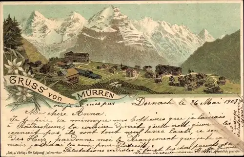 Litho Mürren Kanton Bern Schweiz, Panorama vom Ort