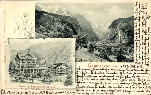 Ak Grindelwald Kanton Bern, Panorama vom Ort, Hotel und Pension Staubbach