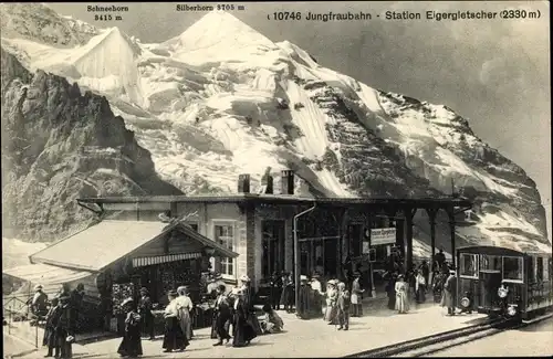 Ak Kanton Bern Schweiz, Station Eigergletscher, Jungfraubahn, Zahnradbahn, Schneehorn, Silberhorn