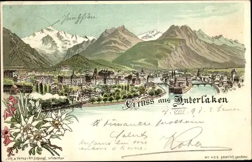 Litho Interlaken Kt. Bern Schweiz, Gesamtansicht, Edelweiß