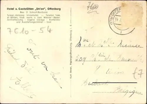 Ak Offenburg in Baden Schwarzwald, Union Hotel, Gaststätten