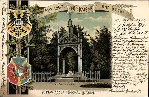 Wappen Litho Lützen im Burgenlandkreis, Mitt Gott für Kaiser und Reich, Gustav Adolf Denkmal