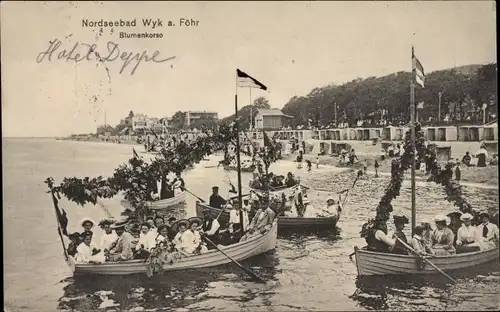 Ak Wyk auf Föhr in Nordfriesland, Blumenkorso, Ruderboote