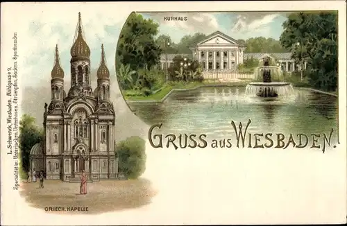 Litho Wiesbaden in Hessen, Griechische Kapelle, Kurhaus, Springbrunnen