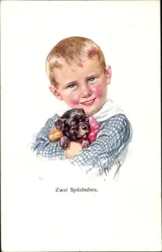 Künstler Ak Feiertag, K., Junge mit Hund, Zwei Spitzbuben