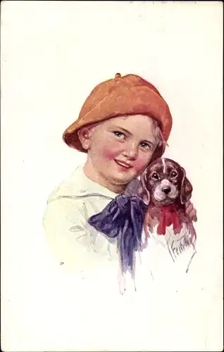 Künstler Ak Feiertag, K., Junge mit Hund, Portrait, Freundschaft