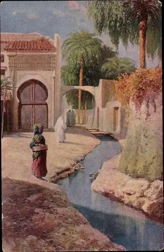 Künstler Ak Tetuan Tétouan Marokko, Frau am Fluss, Chocolaterie D'Aiguebelle