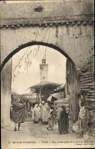 Ak Taza Marokko, Rue principale et grande mosquee, Minarett