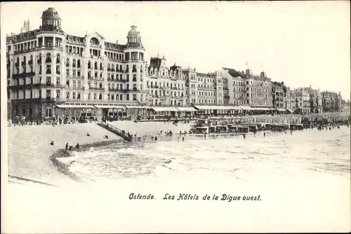 Ak Ostende Westflandern, Les Hotels de la Digue ouest, Uferpromenade, Strand