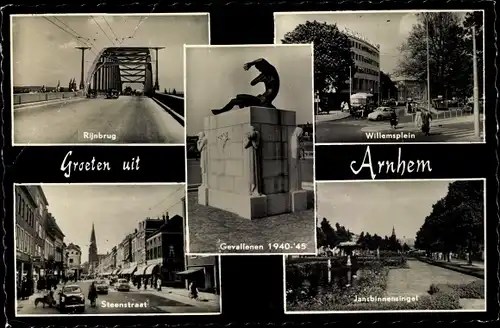 Ak Arnhem Gelderland Niederlande, Rijnbrug, Steenstraat, Willemsplein, Denkmal