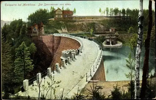 Ak Leśna Marklissa Schlesien, Blick auf die Sperrmauer von oben, Talsperre