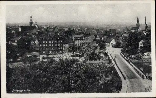 Ak Zwickau in Sachsen, Panorama, Brücke, Kirchturm