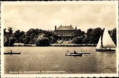 Ak Zwickau in Sachsen, Schwanenteich mit Schwanenschloss, Ruderboote