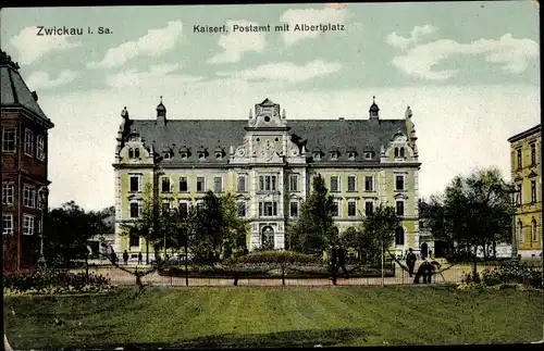 Ak Zwickau in Sachsen, Kaiserl. Postamt mit Albertplatz