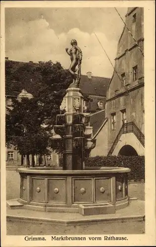 Ak Grimma in Sachsen, Marktbrunnen vorm Rathaus