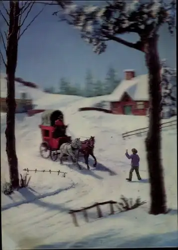 3 D Ak La caleche, verschneites Dorf, Kutsche