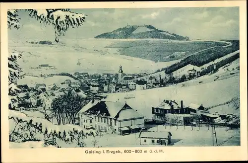 Ak Geising Altenberg Erzgebirge, Panorama, Kirche, Winteransicht