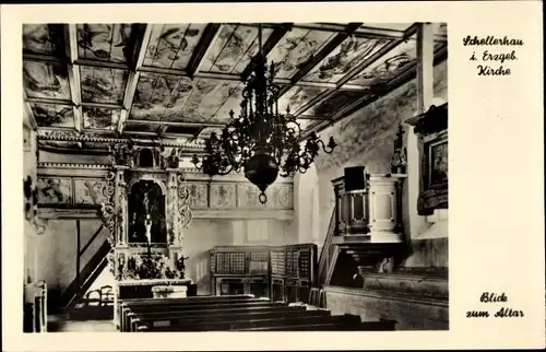 Ak Schellerhau Altenberg im Erzgebirge, Kirche, Blick auf den Altar, Kanzel, Kronleuchter
