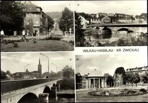 Ak Wilkau Haßlau in Sachsen, Ernst Thälmann Brücke, Karl Marx Platz, Springbrunnen