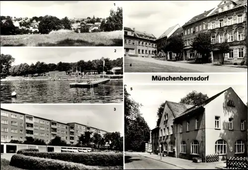 Ak Münchenbernsdorf in Thüringen, Sommerbad, Neubauten, Markt, FDGB Kulturhaus Hermann Duncker