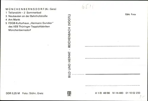 Ak Münchenbernsdorf in Thüringen, Sommerbad, Neubauten, Markt, FDGB Kulturhaus Hermann Duncker