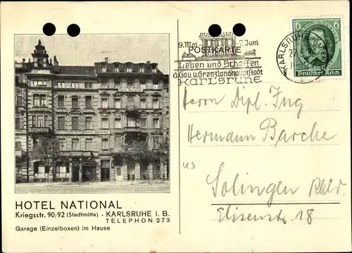 Ak Karlsruhe in Baden, Hotel National, Kriegsstraße 90/92