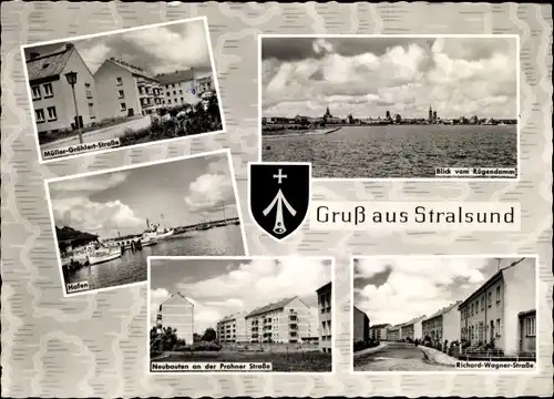 Ak Stralsund in Vorpommern, Müller-Grählert-Str., Blick vom Rügendamm, Hafen, Prohner Str.
